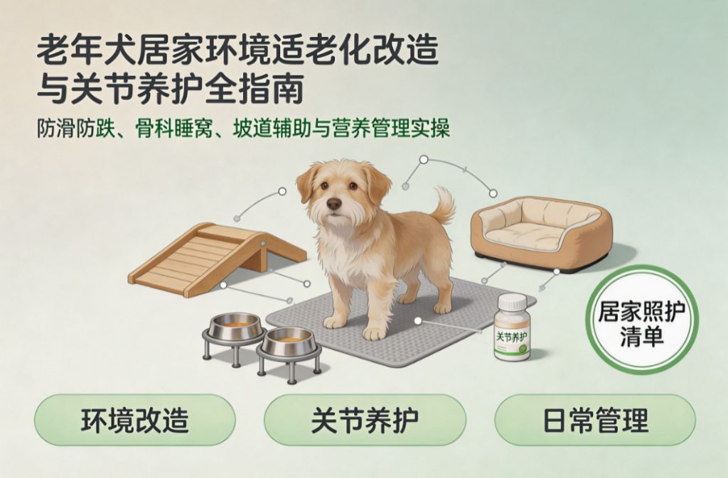 老年犬居家环境适老化改造与关节养护全指南：防滑防跌、骨科睡窝、坡道辅助与营养管理实操