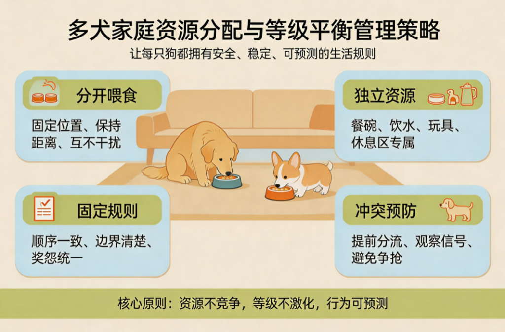 多犬家庭资源分配与等级平衡管理策略：分开喂食、独立资源、固定规则与冲突预防指南