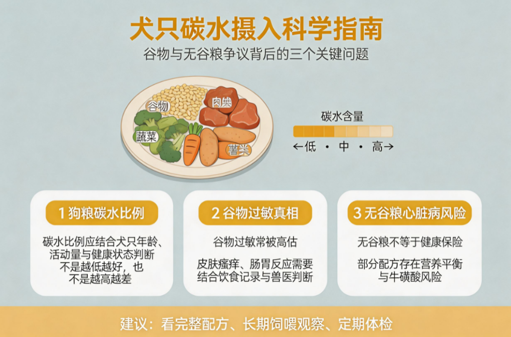 谷物与无谷粮争议下的犬只碳水摄入科学：狗粮碳水比例、谷物过敏真相与无谷粮心脏病风险