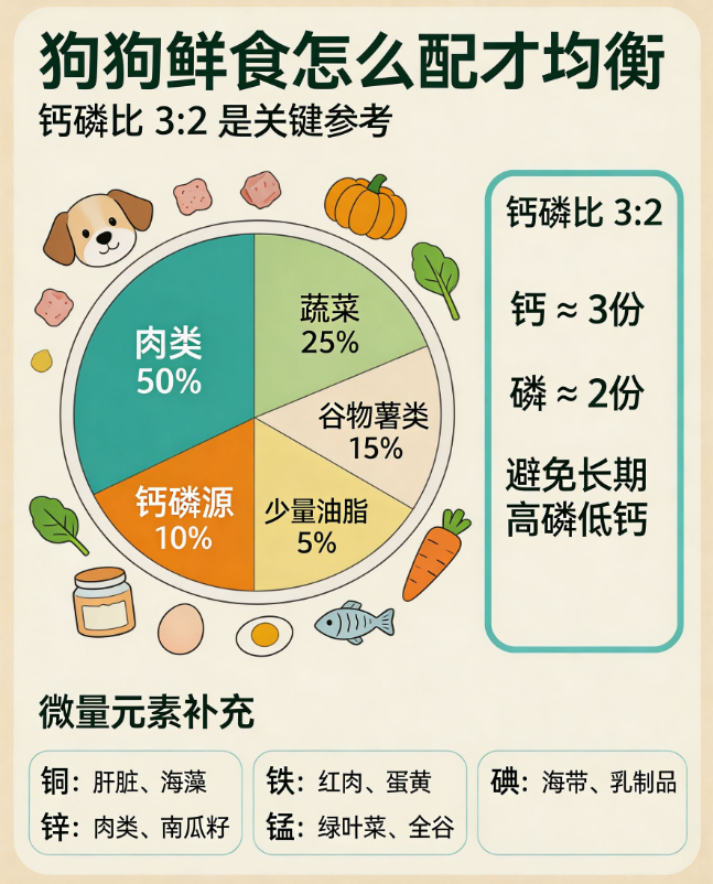 狗狗鲜食喂养的配比原则与微量元素补充方案：从营养比例到钙磷比