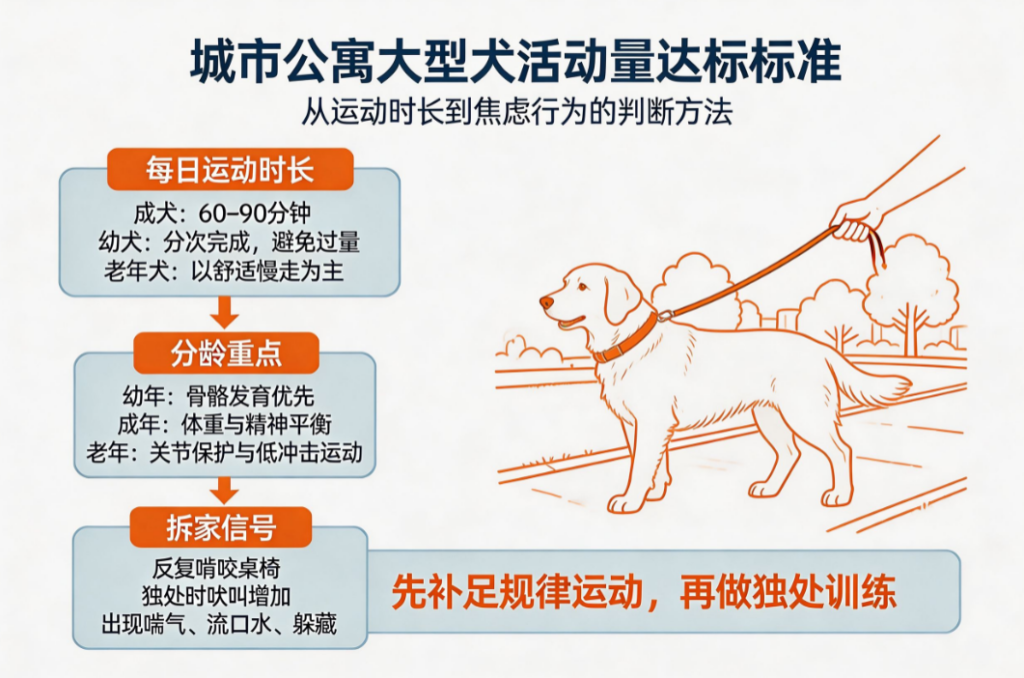 城市公寓饲养大型犬活动量达标标准：每日运动时长、分龄指标与拆家焦虑判断教程
